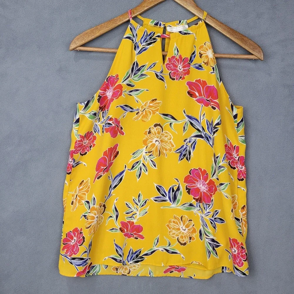 Finn & Grace Blouse Top Women XS Yellow Floral Lined Sleeveless Classic Boho Y2K